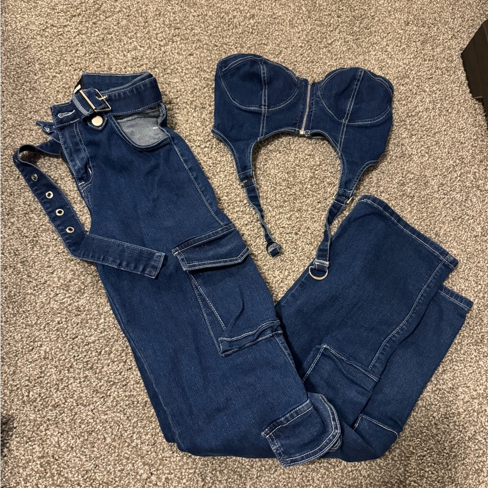 Fashion Nova Blue Denim Boot Cut Jumpsuit